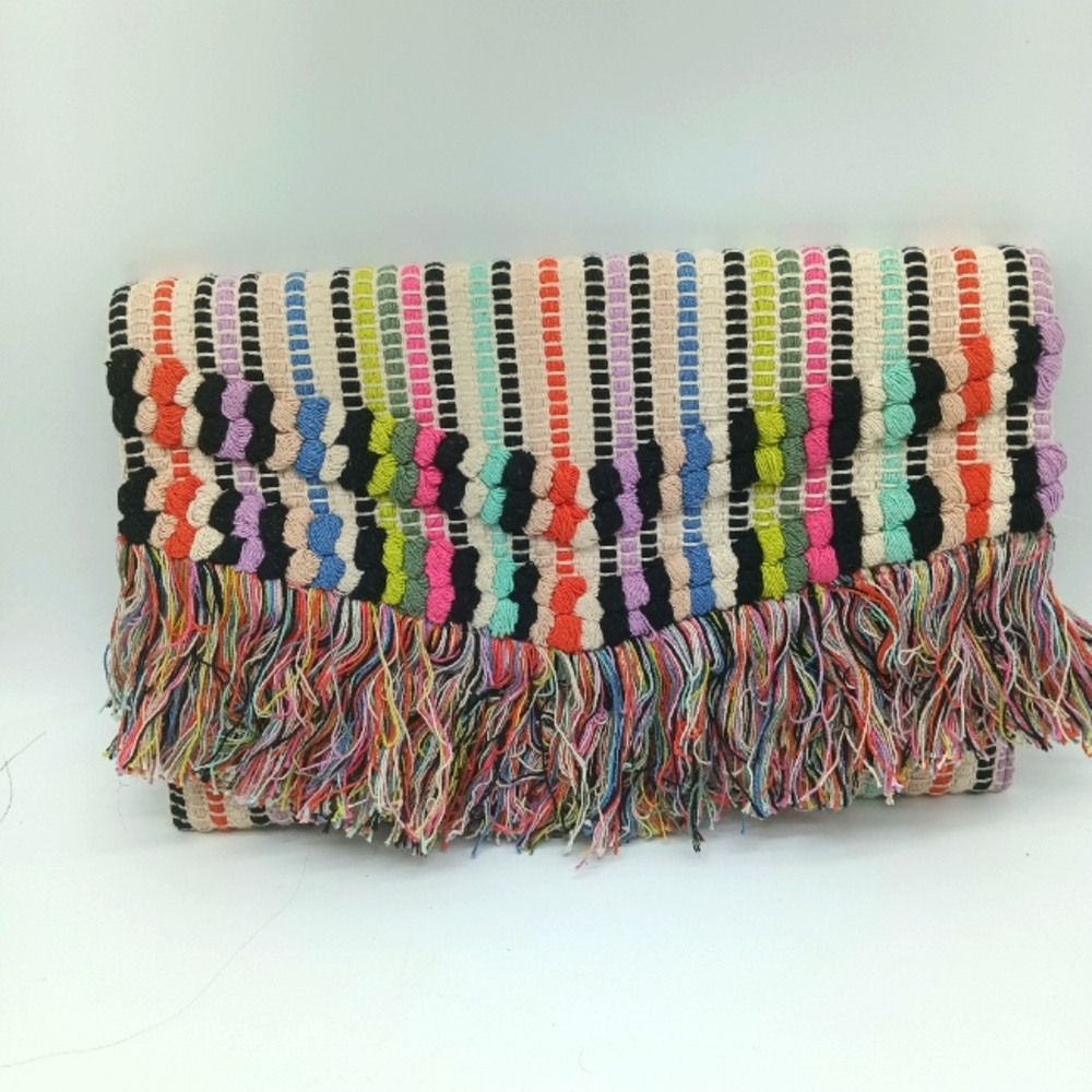 Stella & Dot Taj Clutch Boho Chic Fringe Rug Satchel Wallet Purse Rainbow